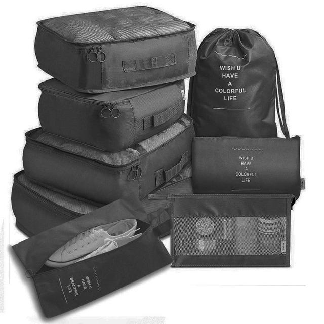 TEMU مجموعة حقائب تخزين للسفر 8 قطع مع حقيبة مستحضرات تجميل ومنظمات للأمتعة، أكياس تنظيم ملابس محمولة وإكسسوارات سفر أساسية