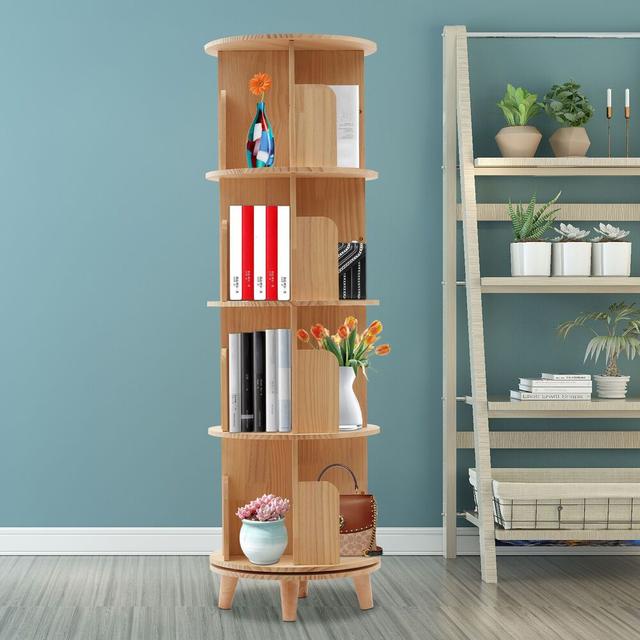 TEMU 4-tier Rotating Bookshelf - Freestanding Pine Wood Storage Rack With Multiple Compartments For Books, Decor, And More - Space-saving Design For Home Or Office