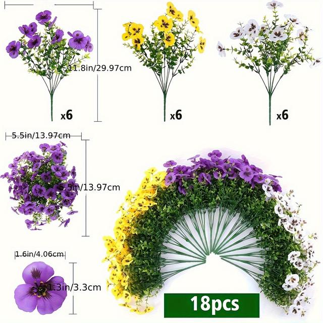 TEMU 18 Artificial Tricolor For Outdoor Use, Uv-resistant, Suitable For Outdoor Flowerpots, Front Doors, , Courtyards, Window Boxes, And Home Decoration (18pcs, Purple, Yellow, White)