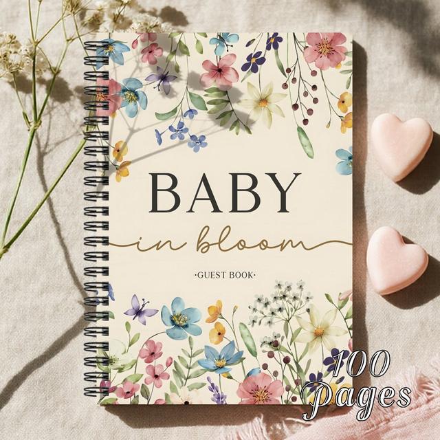 TEMU 1pc A Baby Shower Spiral Guestbook - A Floral Memory Journal With Colorful Flowers, Green Foliage, And Blue Butterflies To