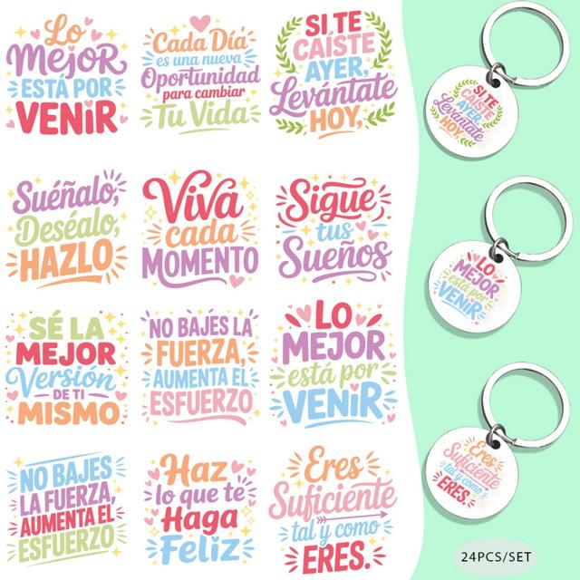 TEMU Set de 24 frases en español con religiosos, papel de transferencia UV DTF impermeable para llaveros, para decoración de computadoras portátiles y un regalo fácil de usar.