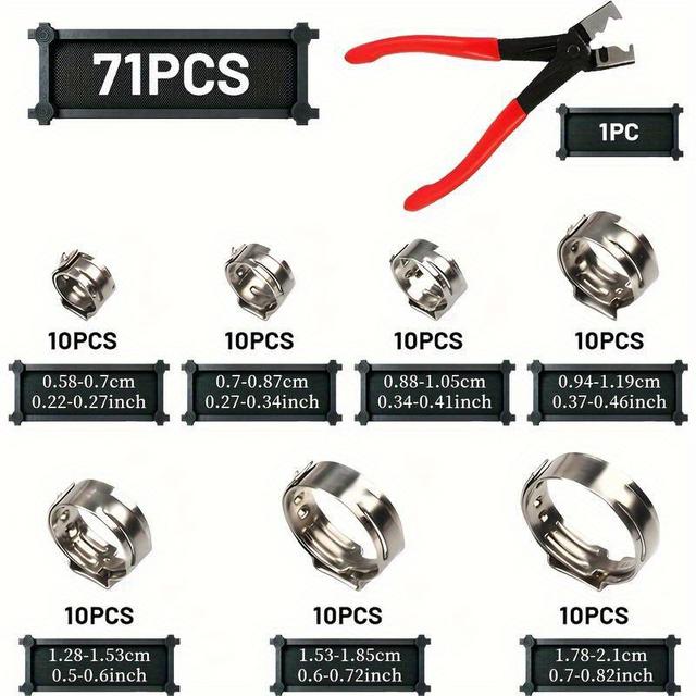 TEMU 71pcs Stainless Steel Single-ear Clamp With Pliers Set, Adjustable Diy Worm Clamp Hose Strap & Plier Tool, Easy-to-use Fasteners For Industrial Secure Pipe And Air Ducting Clamp Applications