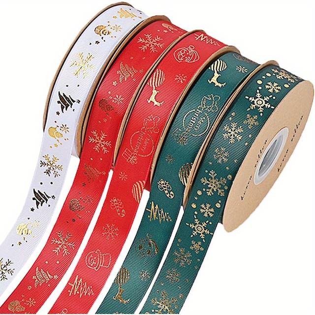 TEMU 5-Rollen Weihnachtsband, 125 Yards, 1 Zoll Breites Stoff-Geschenkband, Rot/Grün Folienprägung Satinband für DIY-Bastelarbeiten, Festtagsdekoration Weihnachtsgeschenkverpackung
