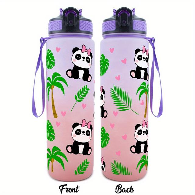 TEMU 1pc 32oz Sports Water Bottle With Cute Panda Tropical Leaves And Bowknot Print, Suitable For Sports, Fitness, Outdoor Travel, Time Marker Outdoor Durable Large Capacity Hiking Water Bottle