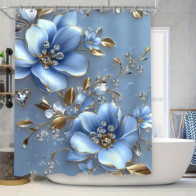 TEMU 1/3/4pcs, Elegant And Gorgeous Elegant Blue Floral 2d Curtain Set With Non-slip Bath Rugs And Toilet Lid Cover Exquisite And Practical Home Decoration Gift., 2d Flat