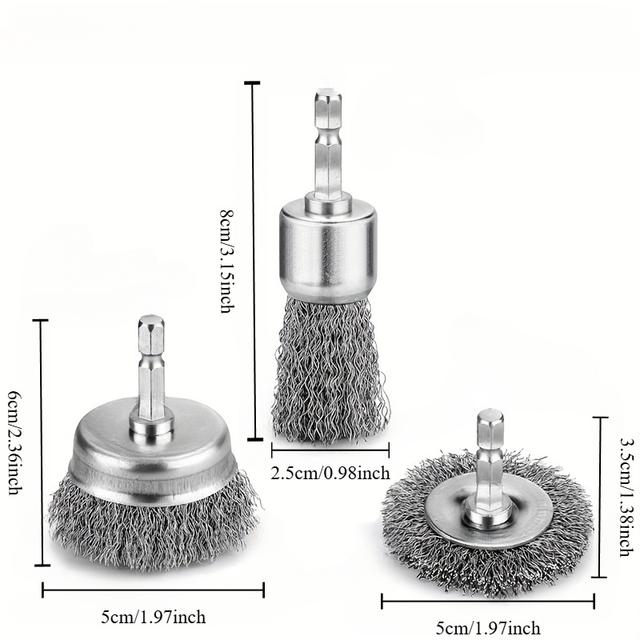 TEMU 1/3pcs Steel Brush With Hex Handle Metal Rust Remover Brush Wooden Pole Bowl Steel Wheel Electric Drill Grinding Brush