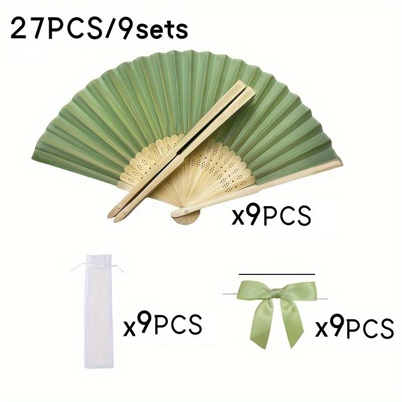 TEMU 27pcs/9sets Wedding Favors Folding Fans, Lady Folding Fan, Green Tulle Bowknot, Mesh Transparent Bag, Wedding Party Decorations. Suitable For Bridal Shower Gifts