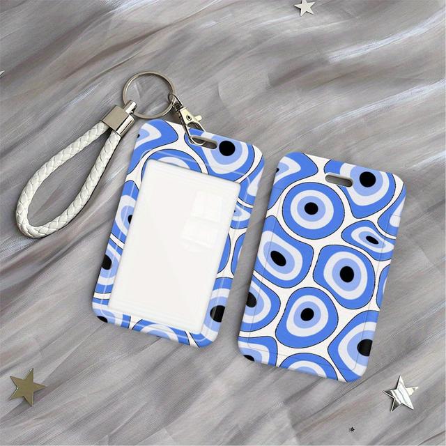 TEMU Wavy Evil Eye Print Id Card Holder - Durable Plastic Sliding Protector Case Compatible For School, Office, Bus & Student Ids - Wavy Cover With Evil Eye