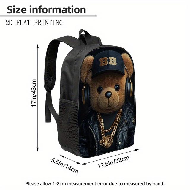 TEMU Mochila de 1 pieza con diseño de oso de peluche genial con accesorios dorados y auriculares, de moda, para adolescente