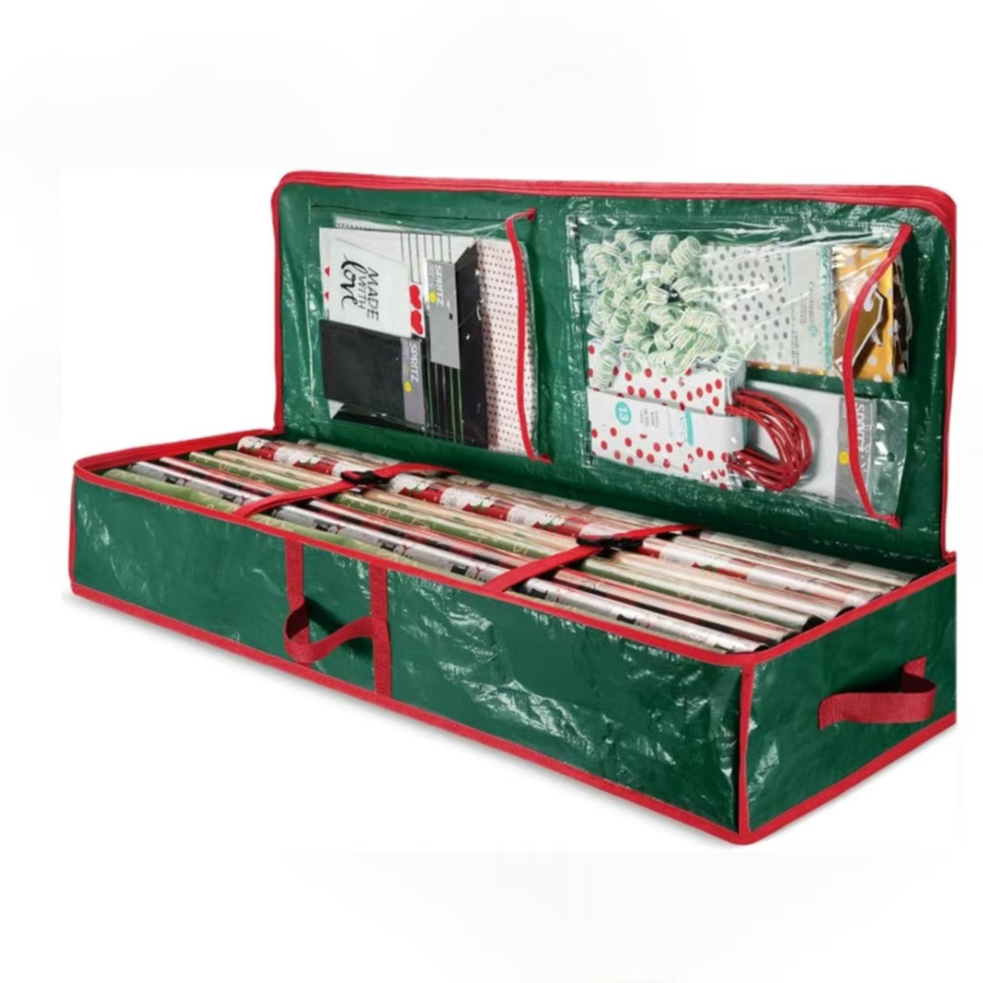 TEMU 1pc Large Christmas Gift Wrap Organizer, Underbed Plastic Storage Container, With Interior Pockets, For 24 Rolls Of Wrapping Paper, Ribbon, Ornaments, And Holiday Accessories