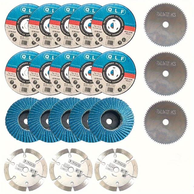 TEMU 75мм Професійні різальні та флап-диски, діаметр отвору 10мм, набір аксесуарів для акумуляторного кутика (1-75мм, 76мм, 21 шт.)