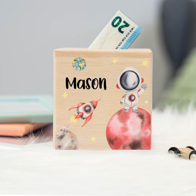 TEMU Hucha de madera personalizada con tema de astronauta y , de colección de monedas con personalizado, hucha decorativa, regalo de de dinero, regalos de