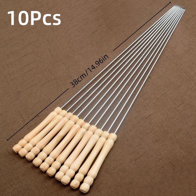 TEMU 10pcs Wooden Handle Barbecue Fork Stainless Steel Barbecue Needle Outdoor Tool Barbecue Steel Skewers Bbq Lamb Skewers Needle