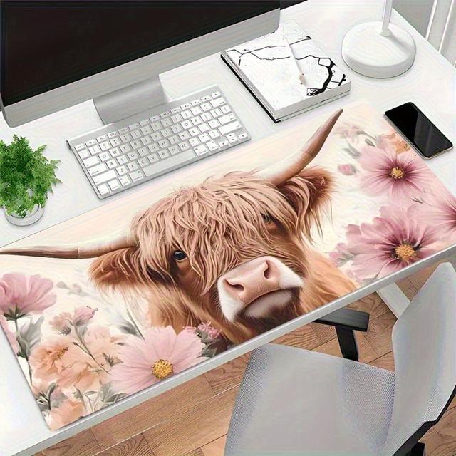 TEMU 1pc Large Extended Gaming Mouse Pad With Floral Highland Cow - Non-slip Rubber Base Desk Mat, Extra Wide Computer Keyboard Mat For Pc, Farmhouse Decor Accessory