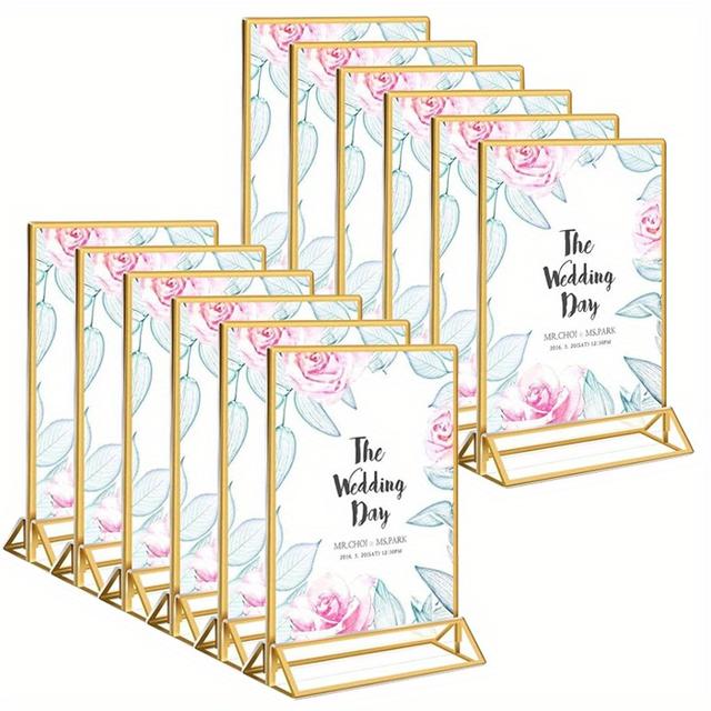 TEMU Set Of 6 Acrylic Sign Holders, Measuring 4 X 6 Inches, Featuring Clear Acrylic With Golden Borders. This Double-sided Display Stand Is Showcasing Menus, Photos, Or Signs And Restaurants.