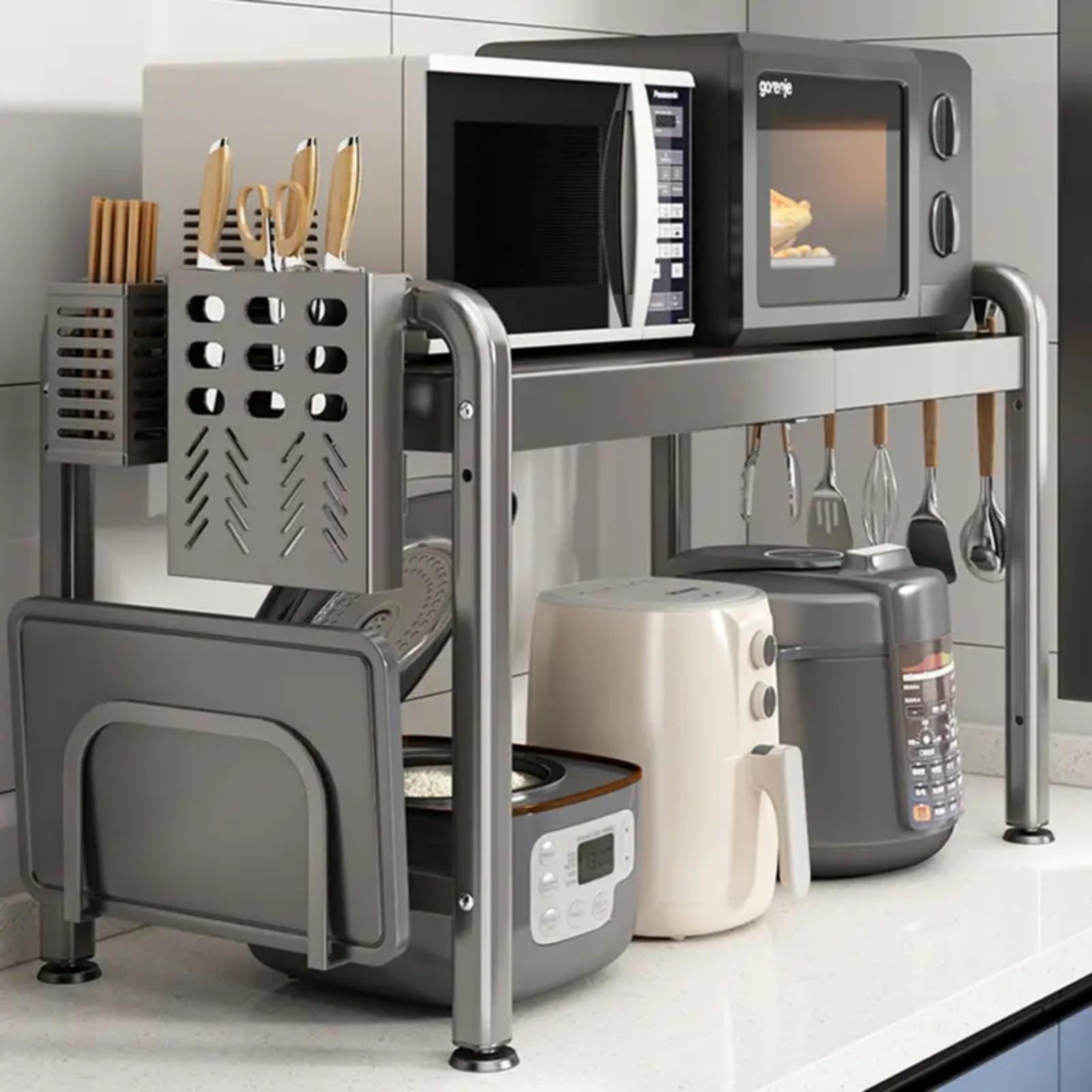 TEMU Rack Shelves For Restaurant And Business Extendable Microwave Oven Rack Kitchen Countertop Organizer With Cutting Board Holder And 6 Hooks, Utility Racks
