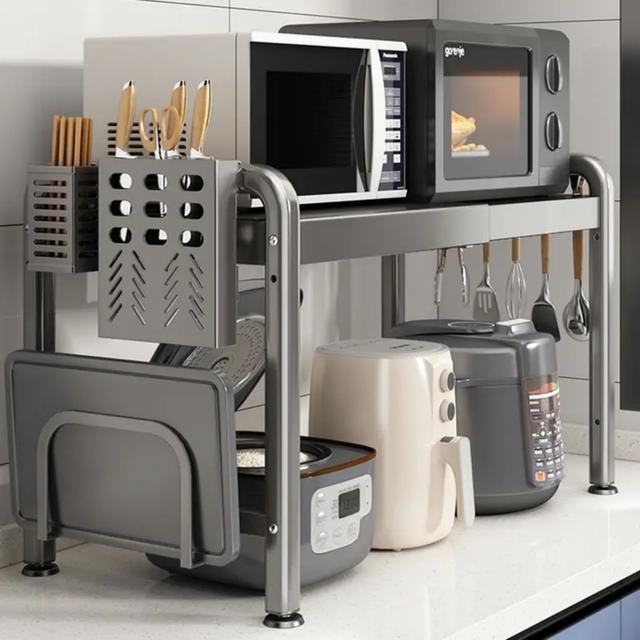 TEMU Rack Shelves For Restaurant And Business Extendable Microwave Oven Rack Kitchen Countertop Organizer With Cutting Board Holder And 6 Hooks, Utility Racks