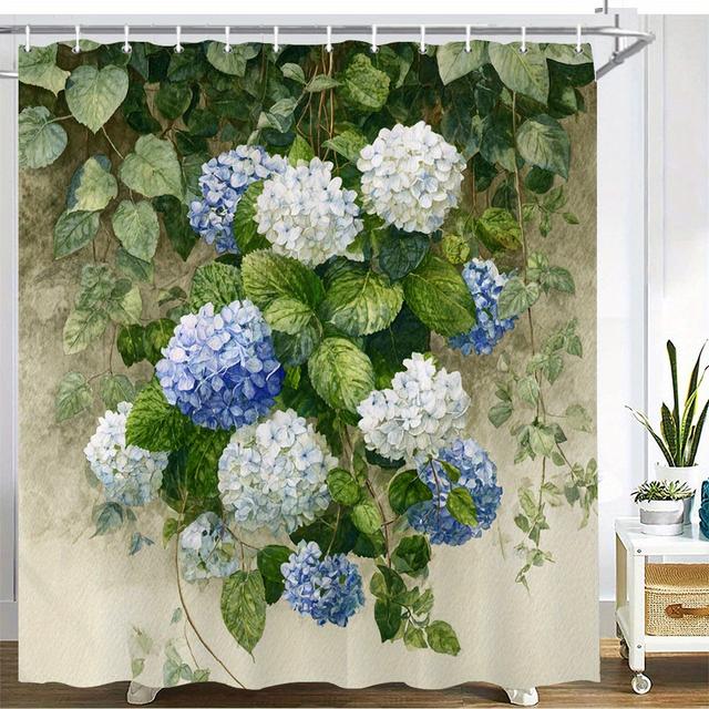 TEMU 1pc 블루 & 화이트 하이든지 꽃 샤워 커튼, 풍부한 녹색 잎 - 물감 스타일 폴리에스터 원단, 기계 세탁 가능, 내구성 있는 욕실 장식, 가정용, 욕실 커튼, 물감 샤워 커튼, 텍스처드 베이지 배경, 세부적인 꽃 디자인