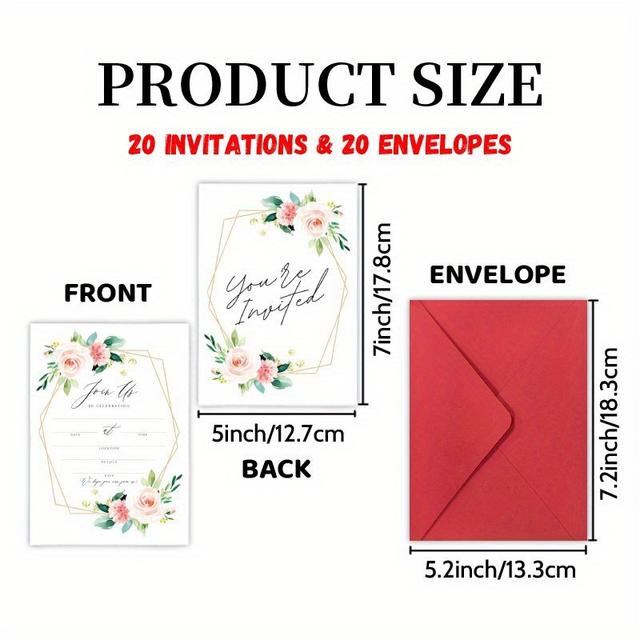 TEMU 20 Cards And 20 Envelopes, Rose Watercolor Floral Invitations - Wedding & Engagement Cards, Bridal Shower Decorations & Favors, Wedding Gifts