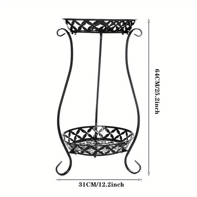 TEMU Double-layer European Flower Stand, For Indoor, Balcony, Outdoor Floor-to-ceiling Flower Pot Stand, 64 * 31cm, Black