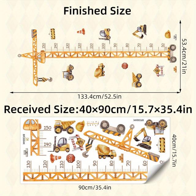 TEMU 1pc Removable Cartoon Engineering Vehicle Crane Height Sticker Wall For Kids Room Boys Room Decor Growth Measurement Tool Bedroom Nursery Self-adhesive Wall Decals 15.7in X 35.4in