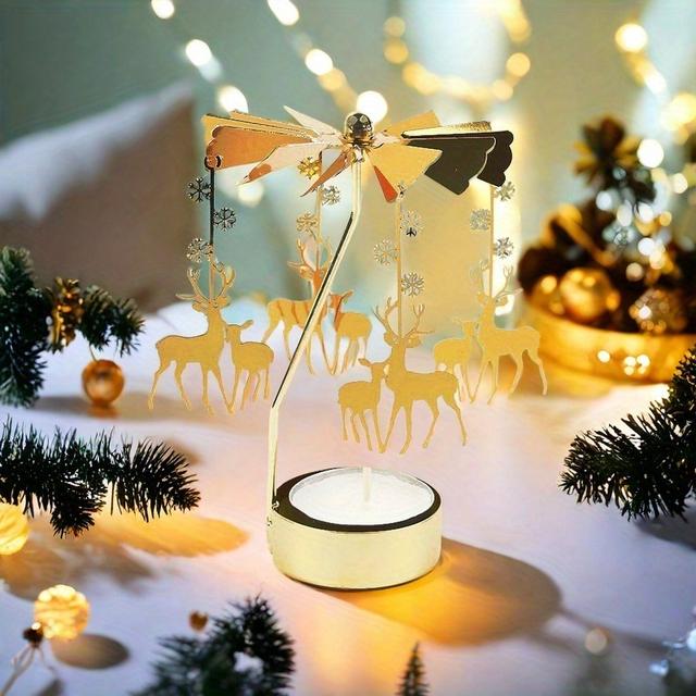 TEMU 1pc Golden Spinning Candle Holder With Tray - Romantic Metal Tea Light Stand For Weddings, Christmas & Valentine's Day Decor | Perfect For Tabletop, Party & Home Dining