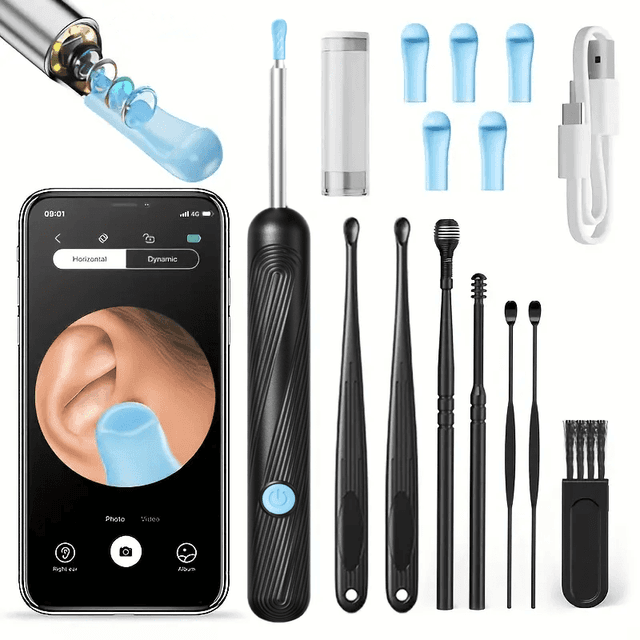 TEMU 7 szt. Zestaw do usuwania woskowiny z 6 szpatułkami, kamerą i światłem – Bezprzewodowe narzędzie dla iOS i , 6 akcesoriów do bezpiecznego czyszczenia uszu w domu, poziom ochrony IP67
