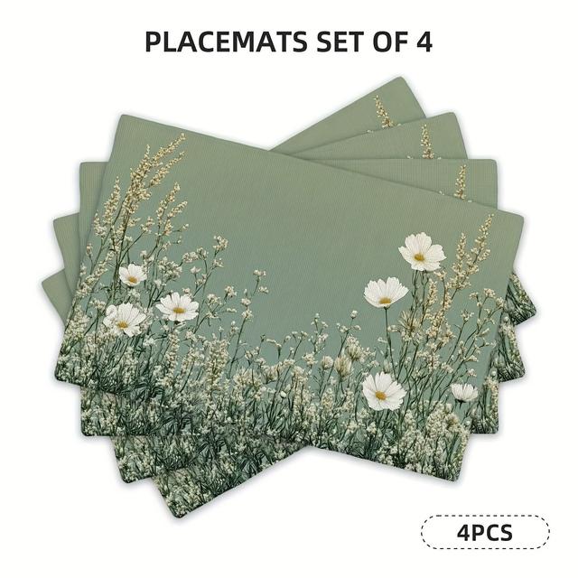 TEMU Set Of 4 Sage Green Floral Nebula Pattern Placemats, Vintage Washable Seasonal Table Decor Mats, Suitable For Indoor/outdoor Parties, Kitchen, And Dining Room