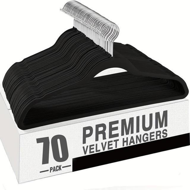 TEMU 70pcs Premium Velvet Hangers, Non-slip, Space Saving, Durable Plastic With Powder-coated Bar, Strong And Reliable Shoulders, Narrow And Thin Design For Suits, Coats, Shirts, And Dresses
