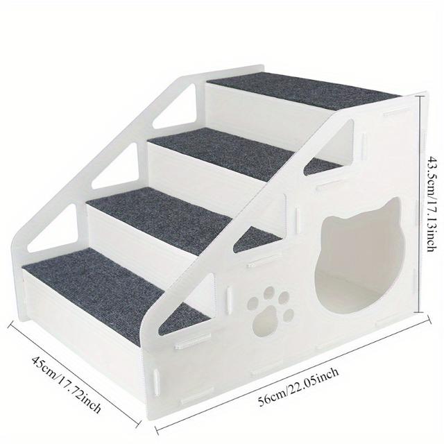 TEMU Marine Transport Foldable 4-step Pet Ramp, Suitable For Dogs And Cats - Anti-slip, Portable With Paw Print Design | Cartoon Cat Illustration | Durable Pp Material | Sofa, Bed, Or Bedroom Entrance