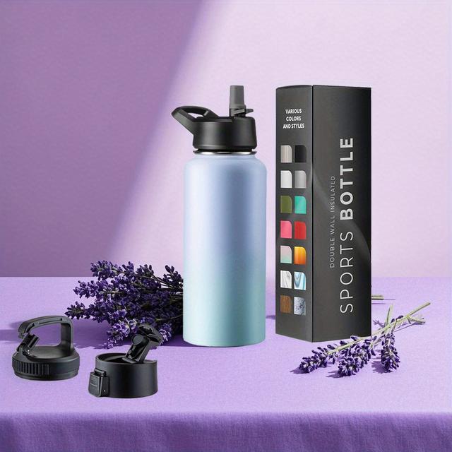 TEMU 32 Oz Stainless Steel Metal Bottle W/ 3 Leak Proof - Triple Walled, Insulated Water Bottles With Straw - For Travel, Sports, Gym/ Men, Women - Mix Purple/ Green