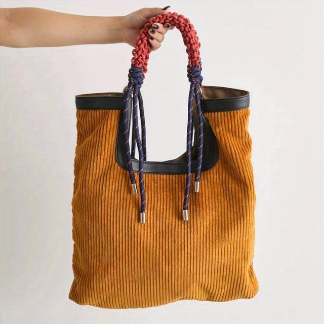 TEMU New For Autumn 2025: A Fashionable And Corduroy Shoulder Tote Bag With Rope Handles For Women -