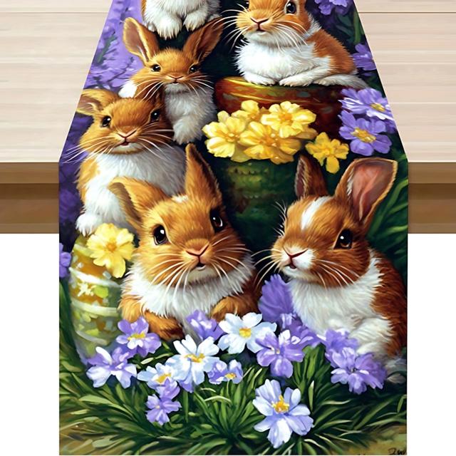 TEMU Rabbit And Flower Pattern Table Runner, Easter Table Runner, Personalized Tablecloth, Art Tablecloth, Suitable For , Dining Table Decoration, Holiday Decoration, Room Decoration, Scene Decoration