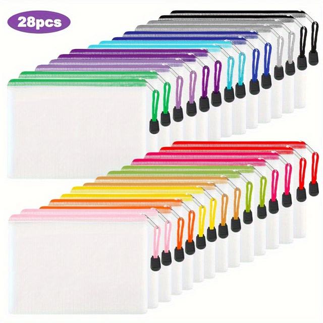 TEMU 28pcs A6 Mesh Organizer Collection - Sturdy Storage Bags Featuring Secure Zippers For Headphones, Cosmetics, And Travel Essentials, Colorful Storage, Lightweight Pouch