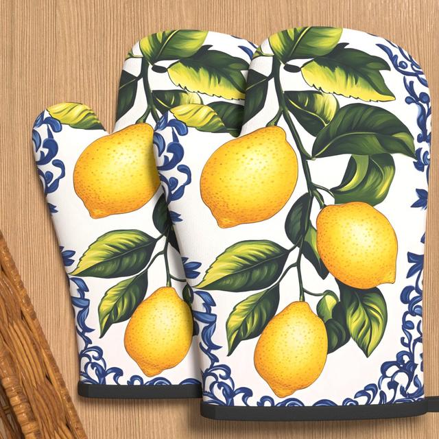 TEMU 2pcs 10.6*6.7in Lemon Pattern Oven Mitts Suitable For Kitchen Decoration Non Slip Cooking Grilling Baking Picnicking Good For Daily Gatherings Iy