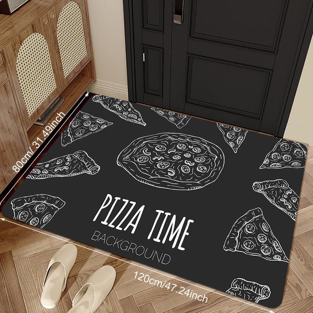 TEMU 1pc Non-slip Doorway Mat - Polyester Mat With Design, Black Background With White Pizza Elements, Home Decor, Laundry, Bathroom, And Entryway, Doorway Floor Mat | Decorative Floor Mat | Mat