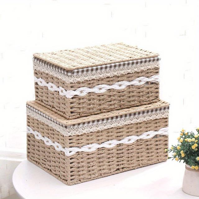 TEMU 2pcs Woven Dustproof Storage Box Simple Wicker Covered Lace Storage Basket Toy Underwear Snack Storage Basket, Shelf Baskets