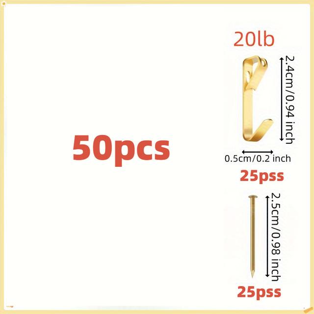 TEMU Set med 50 tavelhängare inklusive spik för gipsvägg och träkrokar.
