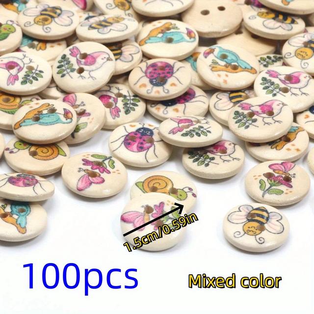 TEMU 100pcs Assorted Animal Pattern Wooden Buttons, 2 Holes, 15mm - Ideal For Sewing & Crafts