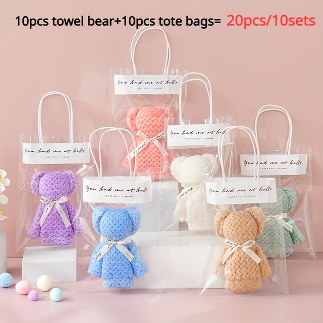TEMU 20pcs Teddy Bear Towel Gift Set With Transparent Bags - Perfect For Wedding Favors, Christmas & Birthday Presents