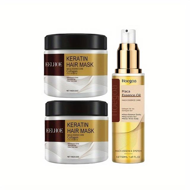 TEMU 3-pack Kollagen Hårmask och Marockansk Algolja Essens Set – Djupvårdsprodukt, lämplig för alla hårtyper, 3.53oz+1.69oz vätska – Vår-, - och vinterhårvårdssats