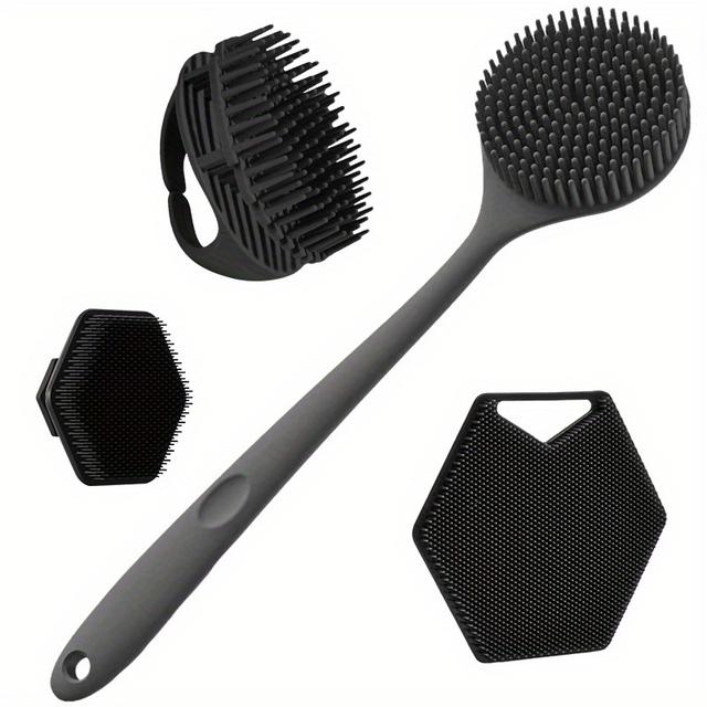 TEMU 4pcs Body Brush Set - Long-handled Back Scrubber, Gentle Hair And Facial Brush, Handheld Bath Brush - Non-electric, Non-slip Grip, Deep Cleaning And Massage Tool