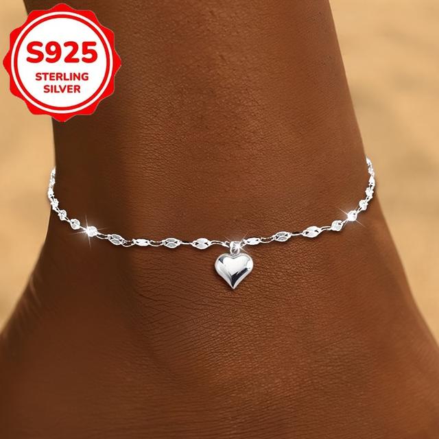 TEMU S925 Silvery A Women's Ankle Chain, A Heart-shaped Ankle Chain, Elegant Temperament, Luxurious Shiny Surface, Suitable For Daily Wear, Low Allergy