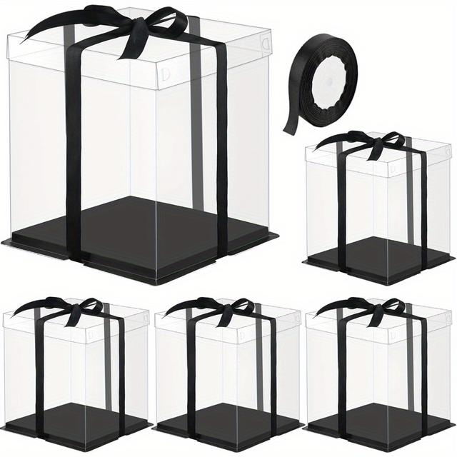 TEMU Set Of 5 Black Disposable Cake Carriers With Lids, Suitable For Holding And Displaying Two-layer Cakes, Featuring An 8 X 8 X 9 Inch Clear Box With Ribbon For Gift Packaging