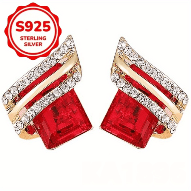 TEMU 1 Pair Of Elegant S925 Women's Earring Earrings With Sparkling Red Cubic Zirconia And Golden Accents - Perfect For Weddings, Parties, And Special Occasions