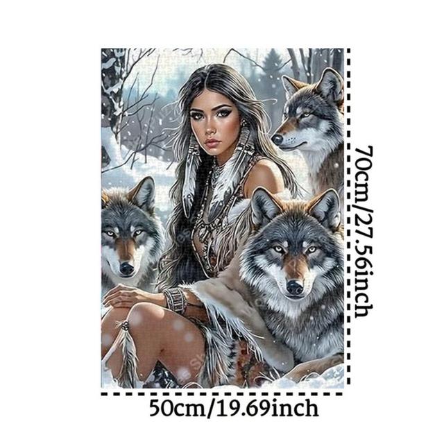 TEMU 1000pcs Puzzle - Indian With Wolves In Snow, Brown/gray/white Cultural, Challenging Piece Puzzle Suitable, Christmas/birthday Gift & Home Decor For Relaxation & Entertainment