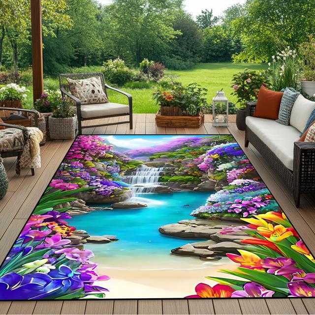 TEMU سجادة منطقة مزخرفة بنمط محاطة بالزهور، غير قابلة للانزلاق، زينة عيد الميلاد، مناسبة لغرفة المعيشة/ غرفة النوم/ المطبخ وزينة المنزل، سجادة للتخييم، سجادة خارجية