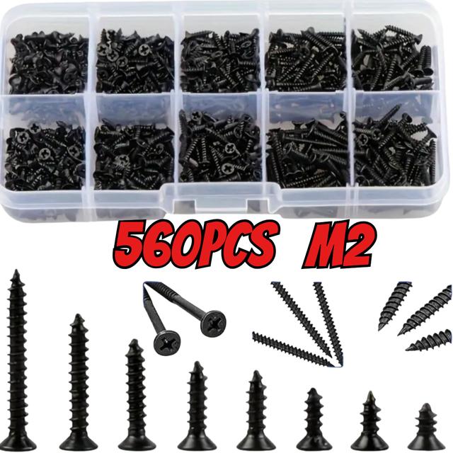 TEMU 560pcs M2 Self-tapping Screw Set Carbon Steel Cross For Wood Restoration Appliance Assembly With Storage Box254