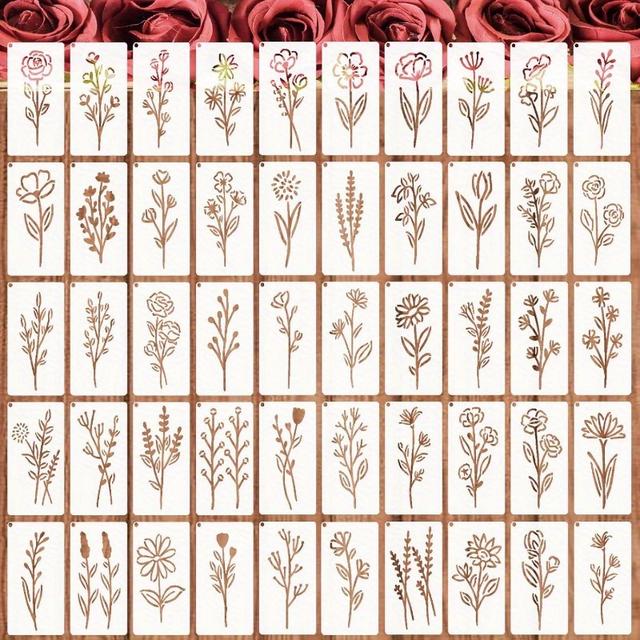 TEMU Plantillas de Flores para Manualidades - 50 Mini Plantillas de Pintura de (3.5 x 2 Pulgadas) para Madera, de Tarjetas y Decoración del Hogar - Perfectas para Adultos