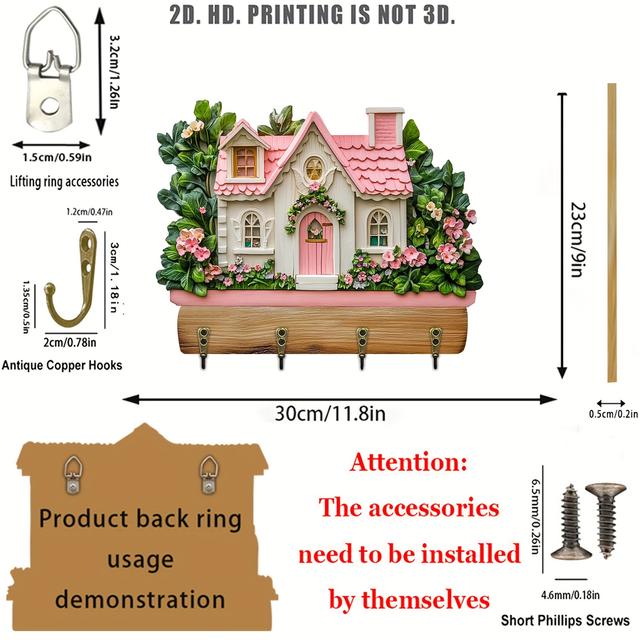 TEMU A 2d Design Of A Wooden Multifunctional Key Holder Featuring 4 Metal Hooks, Suitable For Wall Decoration, Porch Decor, Room Embellishment, Villa Decoration, And Seasonal Home Decor